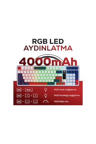 Hk257 Membrane Lcd Rgb Kablosuz/bluetooth Kırmızı Mavi Full Türkçe Gaming Klavye