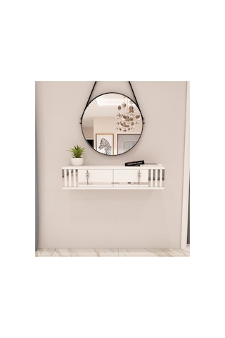 Perla 90 Cm Duvara Monte 2 Kapaklı Raflı Makyaj Masası Dresuar Beyaz-gümüş Beyaz-gümüş