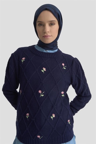 Armine Çiçek Nakışlı Kazak 25kd6014 Lacivert Lacivert