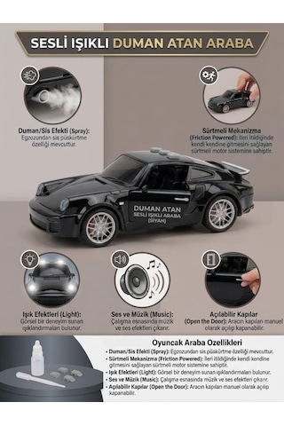 Duman Atan 3 Buton Fonksiyonlu Sesli Işıklı Müzikli Sürtmeli Kapıları Açılan Porsche Oyuncak Araba Siyah
