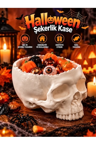 Halloween Cadılar Bayramı Dekoratif Kuru Kafa Şekerlik Kase