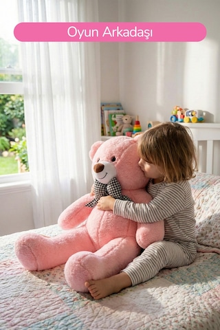 80 Cm Büyük Boy Yumuşak Papyonlu Oyuncak Ayıcık Pembe