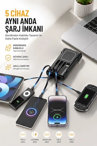 Exenar - Siyah - Güneş Enerjili Powerbank Kendinden Kablolu Solar Taşınabilir Şarj Aleti Çift Led Fenerli 10.000 Mah