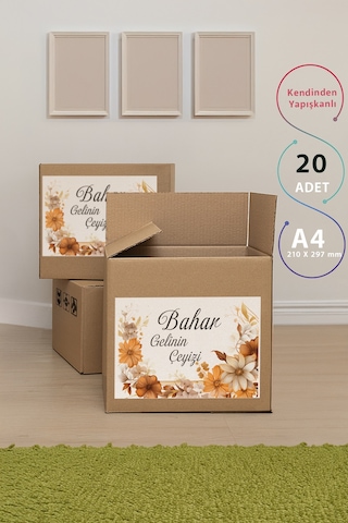 Çeyiz Etiketi Kahverengi Çiçek Desenli Etiket - 20'li Diğer