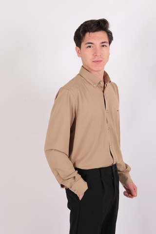 Twın Lıon Twin Lıon 408 Slimfit Örme Armürlü Düz Gömlek Bej