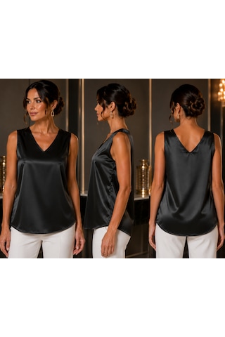 Seldağ Moda İpeksi Saten Ön Arka V Yaka Sıfır Kol Bluz Siyah