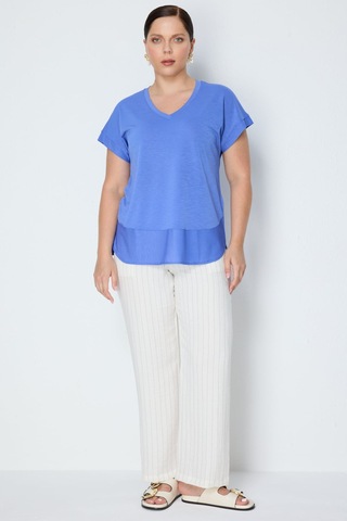 On Kadın Büyük Beden V Yaka Parçalı T-shirt 71476 Indigo