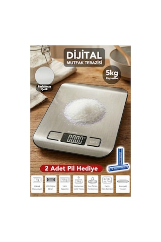 Dijital Mutfak Tartısı - Lcd Dijital Ekran 5kg Kapasiteli Paslanmaz Çelik Yüzeyli Hassas Tartı Gri
