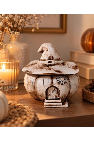 Kahve Krem Halloween Temalı Kapaklı Balkabağı Büyücü Şapkalı Dekoratif Obje Hediyelik Saklama Kutusu Biblo 79434512