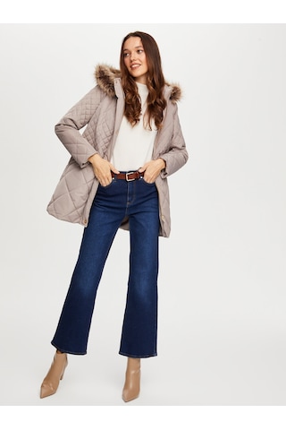 Faik Sönmez Oversize Kapüşonlu Midi Kaban - Kışlık Bej