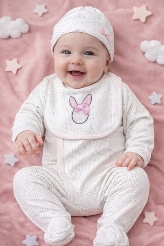 Pekminibebe Sevimli Tavşan Desenli Kız Bebek 4 Lü Tulum Seti Çok Renkli
