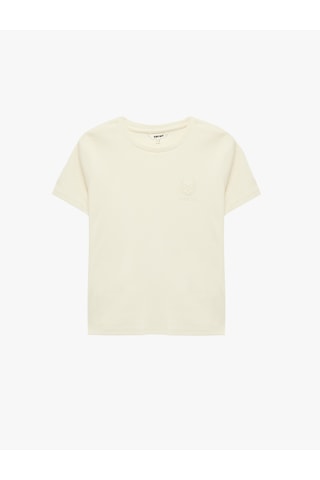 Koton Pamuklu Slim Fit Kısa Kollu Bisiklet Yaka Nakış Detaylı Fitilli Tişört Ekru 6sak50074ek Ekru