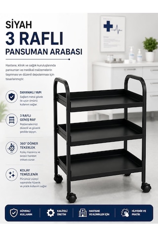 Siyah 3 Raflı Pansuman Ve Cihaz Arabası