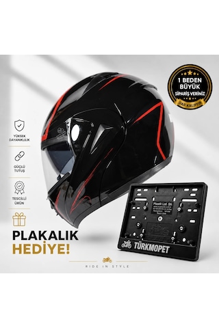 Vrt Çene Açılır Güneş Vizörlü Kask + Plakalık Siyah-kırmızı