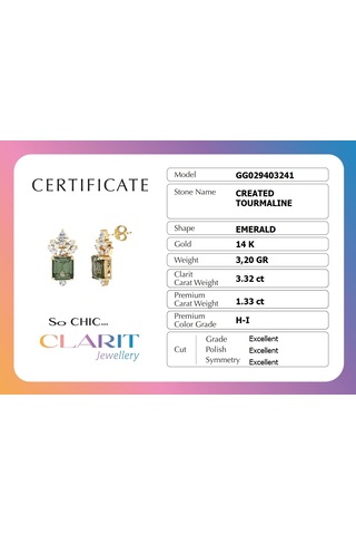 Created Tourmaline Taşlı Zümrüt Kesim 14 Ayar Sarı Altın Küpe Çok Renkli