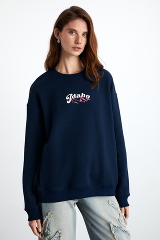 Grimelange Elınay Kadın Pamuklu Oversize Fit Ön Arka Baskı Detaylı Koyu Mavi Sweatshirt