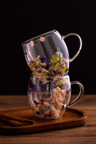 Porsima 2090 Leafy Çift Cidarlı Cam Kupa Çay Kahve Kupası Isı Yalıtımlı Kulplu Cam Bardak 250ml Şeffaf