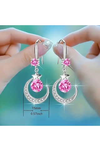 Parlak Taşlı Ay Ve Yıldız Temalı Sallanan Küpe Gümüş