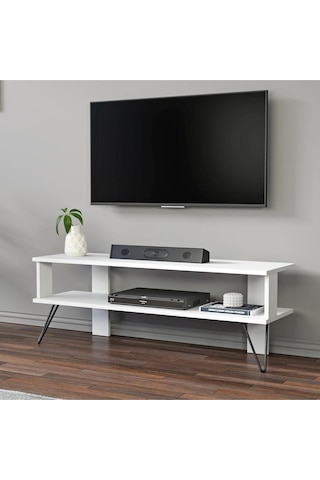 Duama TV Sehpası – Metal Ayaklı, Açık Raflı Tasarım, 120 cm, Beyaz