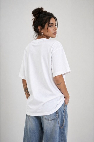 Modivibe Kadın Oversize T-shirt %100 Organik Pamuklu Kalın Dokulu Fit Yuvarlak Yakalı Beyaz