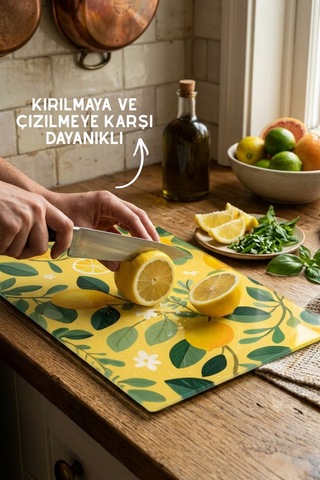 Limon Desenli Cam Kesim Tahtası - 25x35cm -dayanıklı Ve Pratik Kesim Matı Sarı