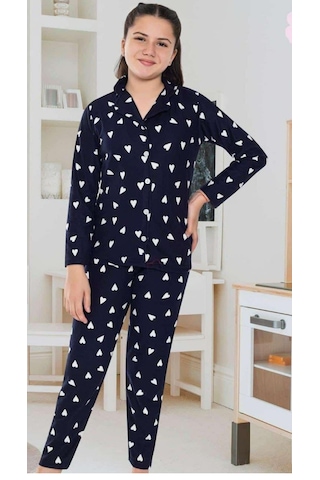 Miosse Kids Kız Çocuk Pamuklu Süet Lacivert Kalp Desenli Gömlek Yaka Boydan Düğmeli Uzun Kollu Pijama Takımı M6590 Lacivert