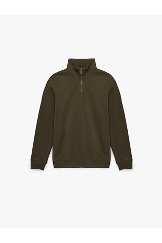 Koton Uzun Kollu Şardonlu Basic Yarım Fermuarlı Sweatshirt Haki 6wam70016mk