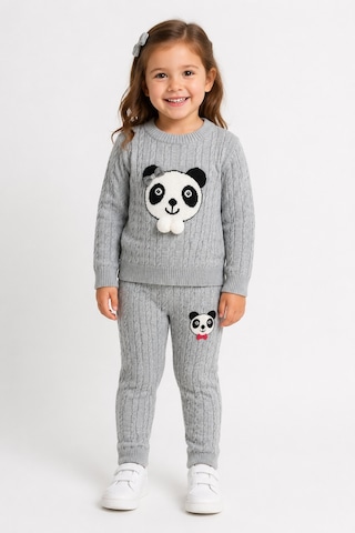 Babyhola 1-5 Yaş Kız Çocuk Panda Desenli Saç Örgü Kışlık Triko Takım 23217 Gri