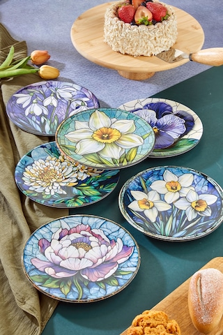 Grandora 6 Lı Çiçek Desenli Pasta Tabağı Seti 20 Cm - Pasta Ve Tatlı Tabak Seti Çok Renkli