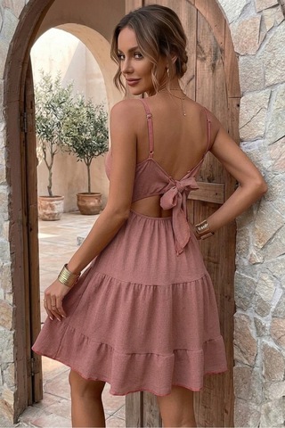 Bella Notte Gül Kurusu Sırt Dekolteli V Yaka Yazlık Elbise Pembe