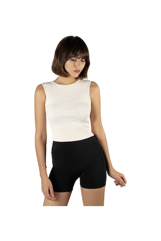 Terapi Men Krem Fitted/vücuda Oturan Crop Halter Yaka Fitilli Esnek Örme Bluz Atlet Krem