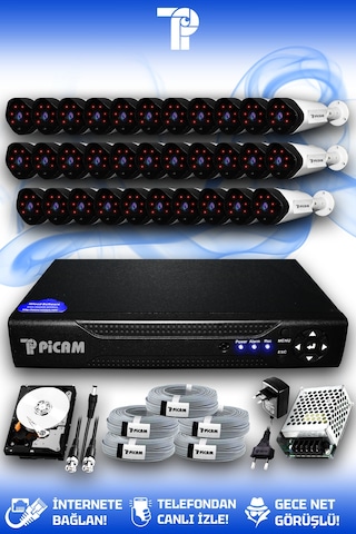 Picam 32 Kameralı Uzay 32 Dış Kamera Set 1 TB HDD Full HD Gece Görüşlü Güvenlik Kamerası Sistemi