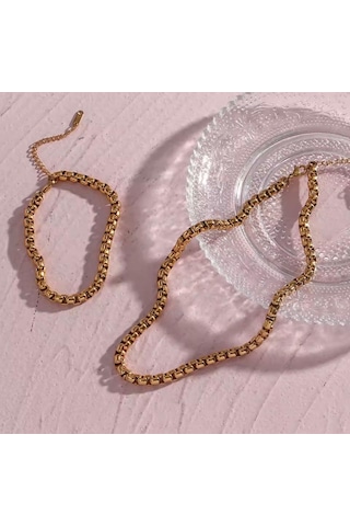 Gold Kalın Örme Çelik Erkek Kolye Ve Bileklik Set 5mm Altın
