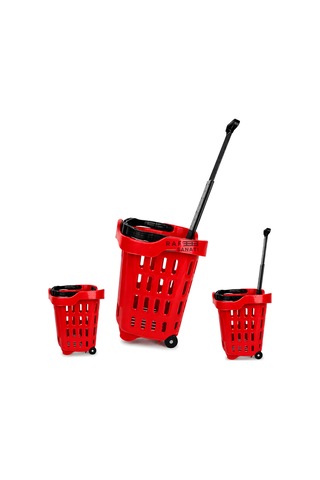 10 Adet - 43 Lt Tekerlekli Market Sepeti Plastik Alışveriş Sepeti Ergonomik Çift Saplı Kırmızı