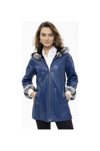 Mavi Perla Geniş Kesim İçi Kumaş Çift Taraflı Kapüşon Ve Kol Ağzı Kürklü Kadın Hakiki Deri Kaban-mavi Mavi