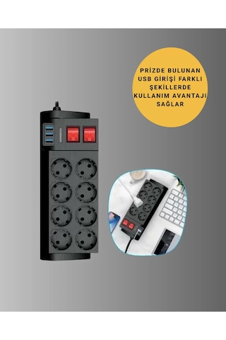 Termal Korumalı 8 Prizli 3 Usb Li Uzatma Kablosu Yeni Nesil Renkli