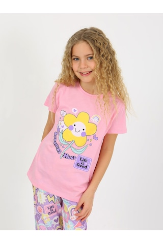 Kız Çocuk Kısa Kollu %100 Pamuklu Pijama Takımı Be Kind Koyu Pembe