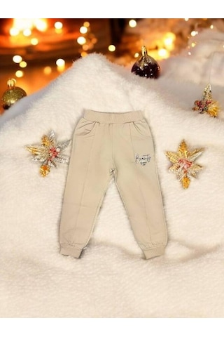 Kız Çocuk Pamuklu Beli Paçası Lastikli Eşofman Alt-15145 Bej