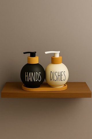 Bambu Standlı Cam Sıvı Sabunluk Seti 500 Ml Çiftli Dispenser Hands & Dishes Yazılı, Siyah-beyaz Siyah Beyaz