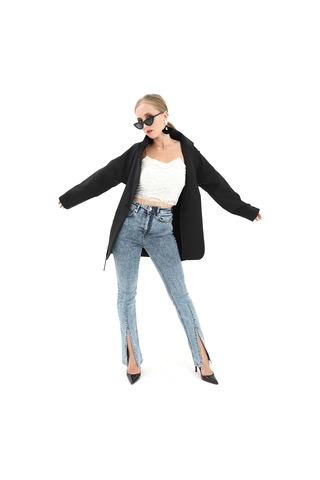 Düşük Omuz Kemerli Atlas Kumaş Blazer Ceket - Siyah-siyah Siyah