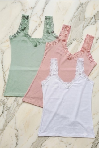 Demirsa Boutique Dantel Askılı Modal Kumaş 3'lü Kadın Atlet Beyaz, Pudra Ve Yeşil Renk Çok Renkli3