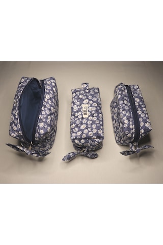 Kapitone Dikişli Denim Papatyalı Kalemlik / Makyaj Çantası - %100 Pamuk Kumaş Denim - Papatyalı