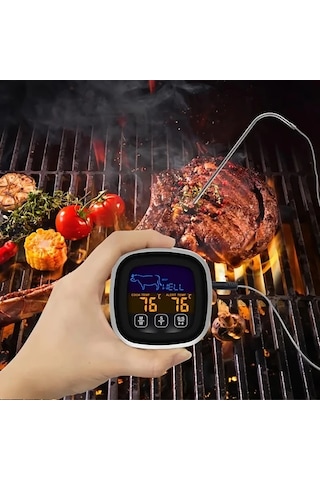 Honeybeeshop Siyah 1 Adet Cift Ekranli Dijital Et Termometresi Buyuk Dokunmatik Ekran Paslanmaz Celik Prob Bbq Pisirme Firinlama Icin Ideal