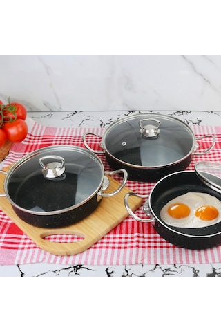 Meşeler Granit Omlet Sahan Seti 3 Lü Siyah - İnox 18  x 20 x 22 CM