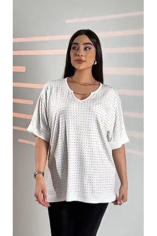 Elaxi Zincir Detaylı Taşlı Viskon Bluz Beyaz
