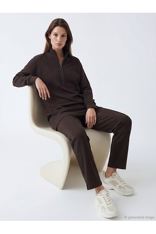 Lcw Modest Kahverengi Dik Yaka Soft Touch Kadın Sweatshirt Tunik