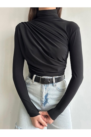 Kadın Büzgü Detaylı Dik Yaka Sandy Bluz Siyah