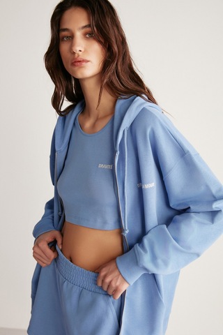 Grımelange Ametıs Kadın Oversize Organik Pamuklu Metal Fermuarlı Kapüşonlu Mavi Sweatshirt Mavi
