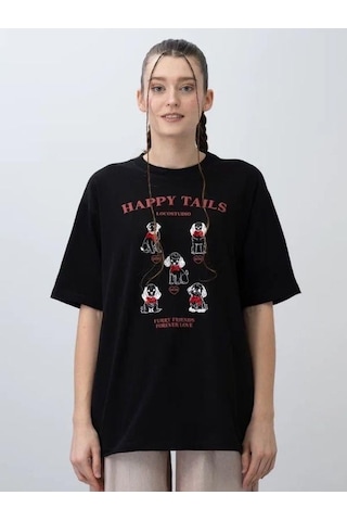 Zekids Kız Çocuk Oversize Köpek Baskılı Tasarım T-shirt-15806 Siyah