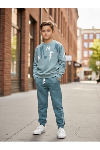 Zekids Erkek Çocuk Pamuklu Baskılı Eşofman Takım-16324 Mint Yeşili
